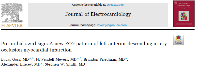 Title and authors of the article Precordial swirl sign, by Goss, Meyers, and Smith, in the Journal of Electrocardiology