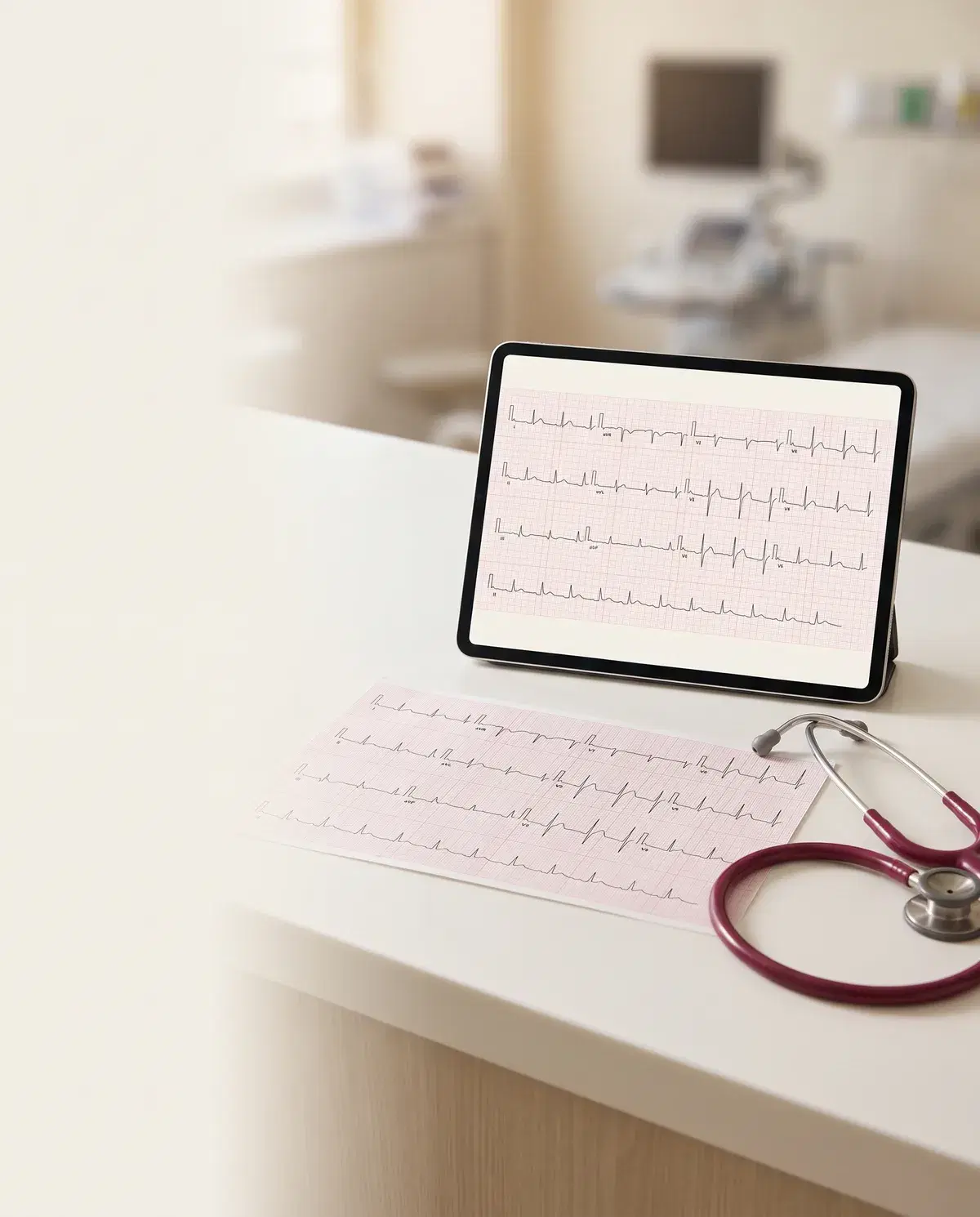 ECG impresso e tablet ao lado de um estetoscópio em sala de plantão