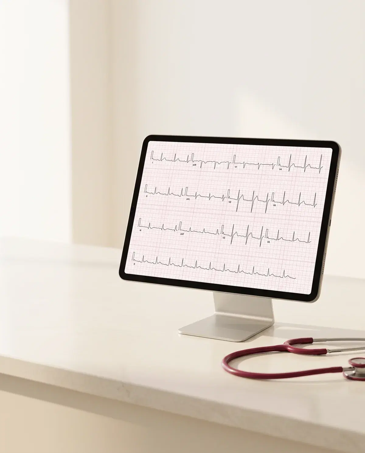Tablet exibindo um ECG de 12 derivações ao lado de um estetoscópio