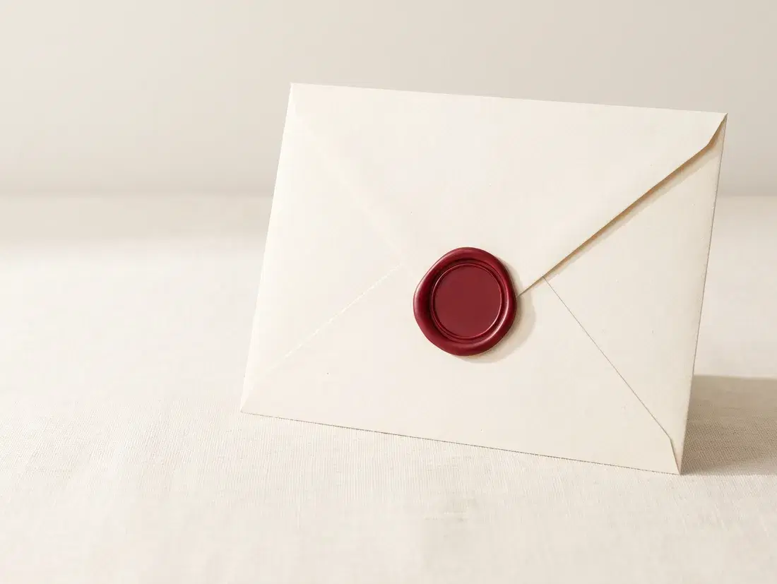Envelope fechado com lacre carmim sobre tecido claro