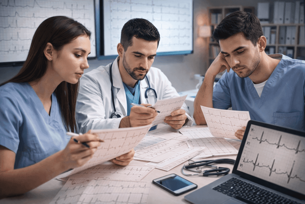 Ilustración de tres profesionales de la salud analizando trazados de ECG impresos y en una computadora portátil