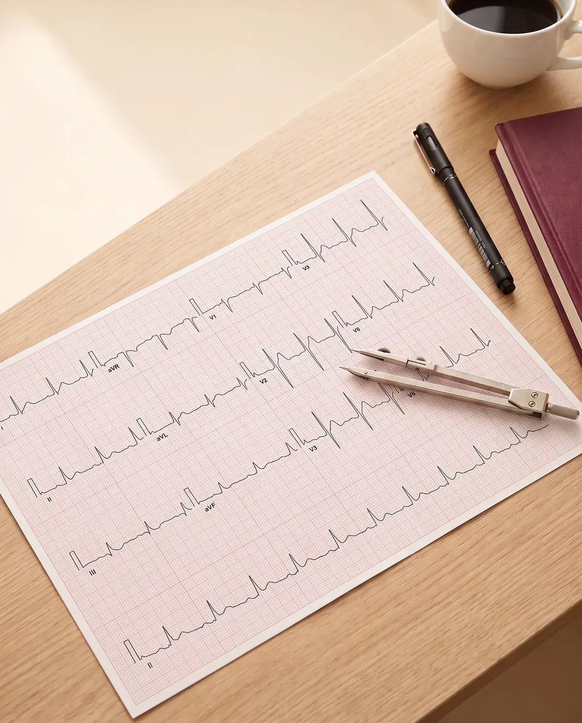 ECG de 12 derivações impresso sobre a mesa de estudo, com compasso, caneta e livro